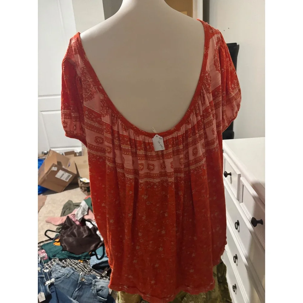 Free People Boho Paisley Oversized Top Orange Pink Scoop Back Short Sleeve XL